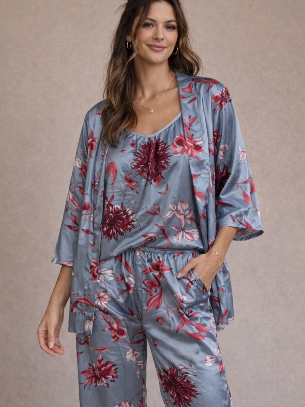 3pc Silky Floral Pajama Set Blue Pink Lounge Set Cami Pants Robe Size M